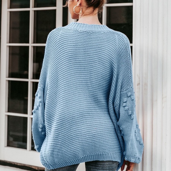 sky blue pom pom knit lantern sleeve cardigan swea - Picture 4 of 10